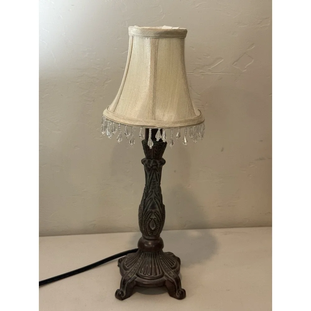 Vintage Accent Table Lamp With Beaded Fringe Bell Shade Resin Base Ornate